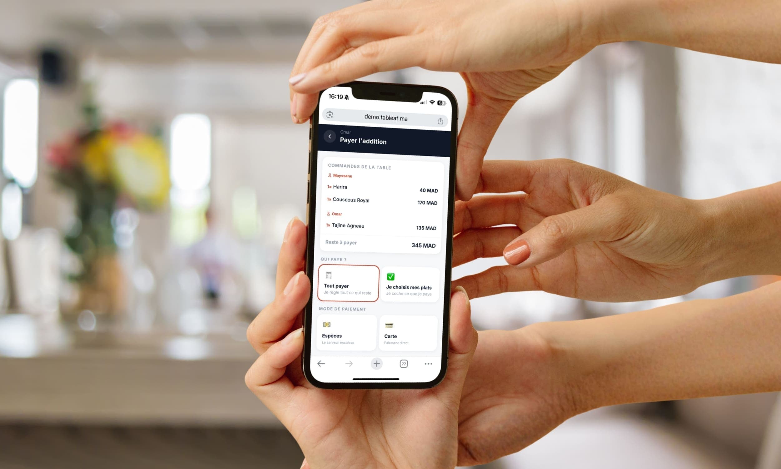 Page de paiement Tableat avec options carte et cash